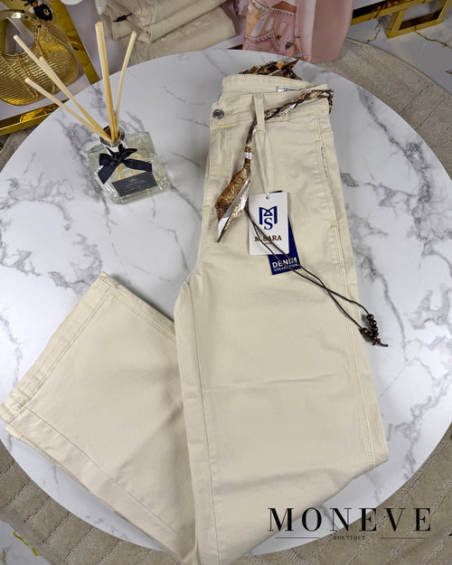Beżowe Spodnie Wide Leg z Apaszką – M.SARA Denim