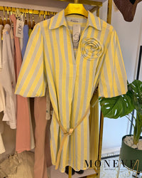 Sukienka Koszulowa z Kwiatem 3D – Pastel Stripes — widok 3